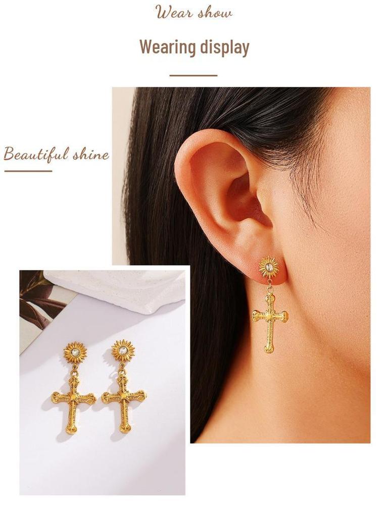 18K Gold-Plated Stainless & Titanium Steel Cross Stud Earrings for Women