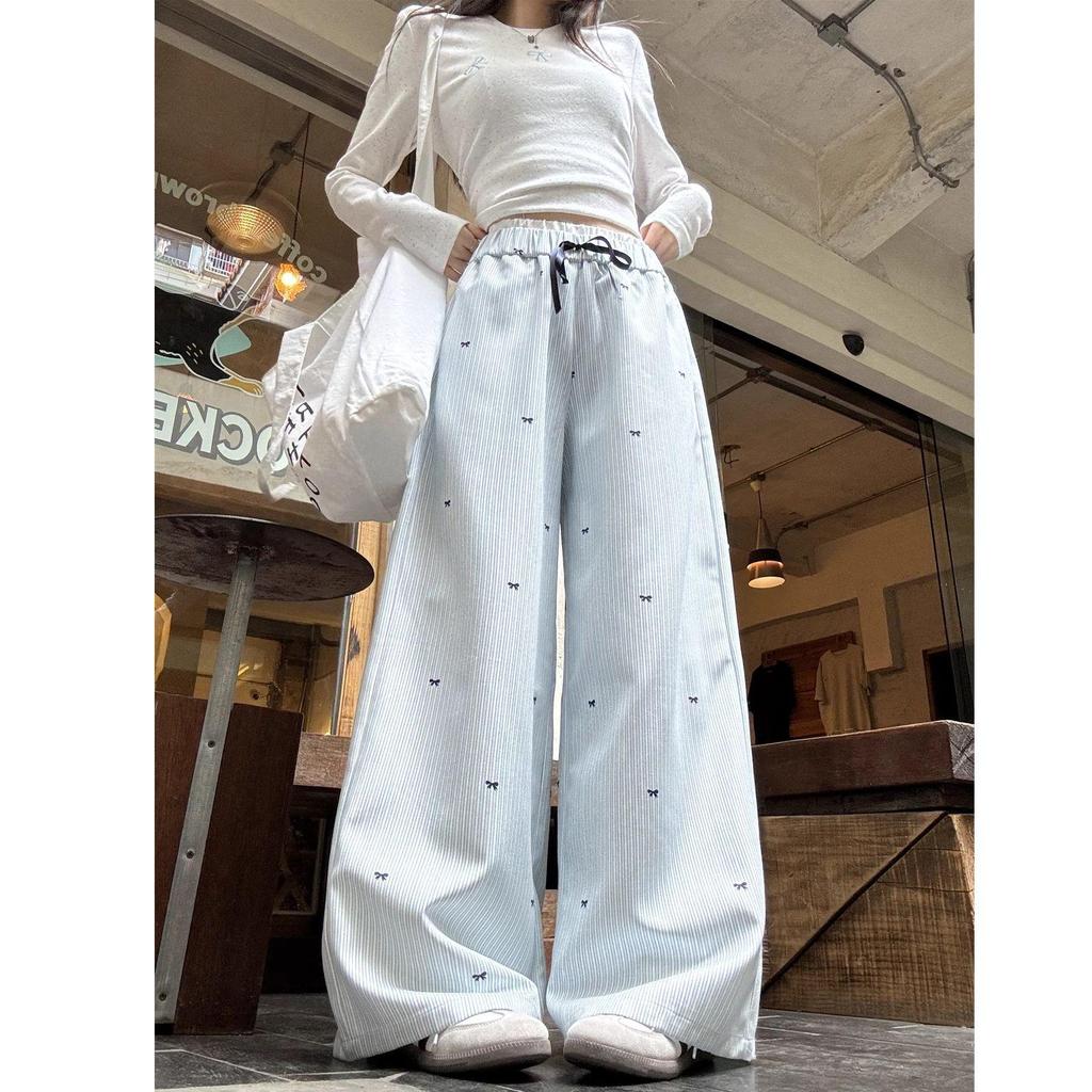Women's Spring High-Waisted Wide-Leg Pants with Bowknot, Blue Stripes, Slim-Fit, Elastic Waist, Casual and Versatile Style.