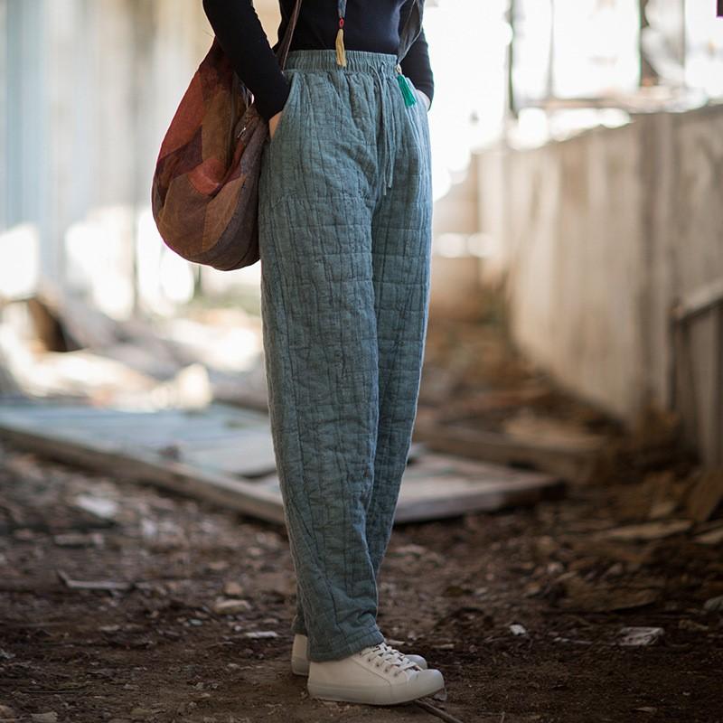 Johnature Women Vintage Winter Pants Elastic Waist Warm Tie-dye Trousers Winter Pockets Belt Casual Pants