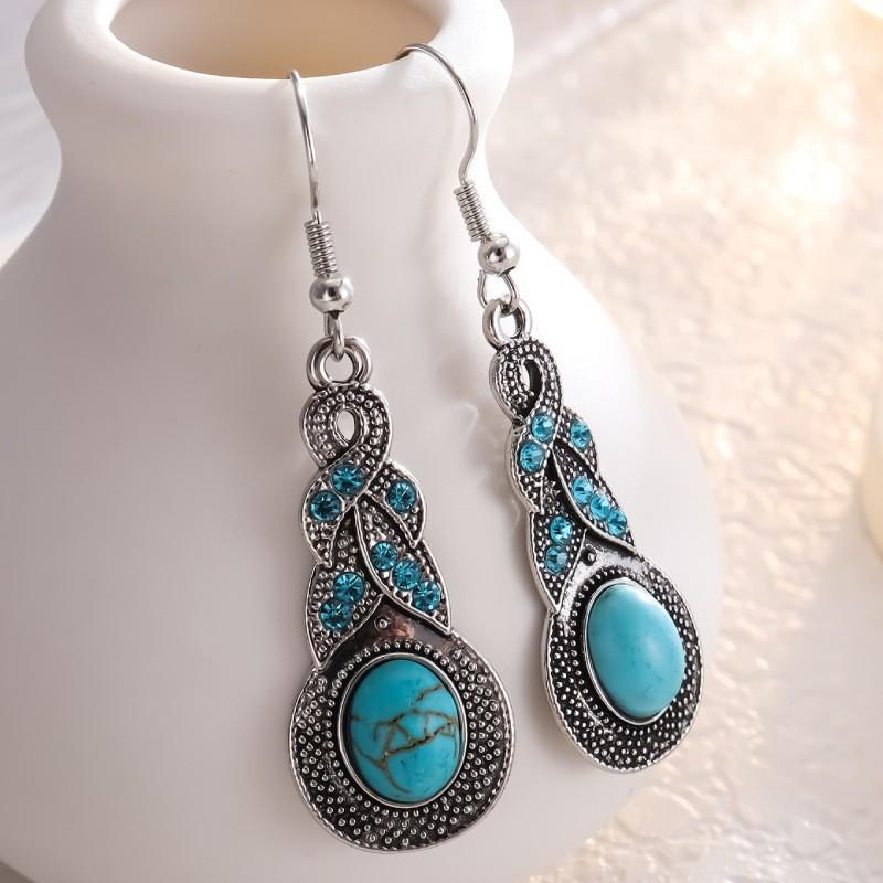 New Fashion Retro Pattern Blue Crystal Inlaid Turquoise Earrings Pendant Bohemian Pendant Earrings