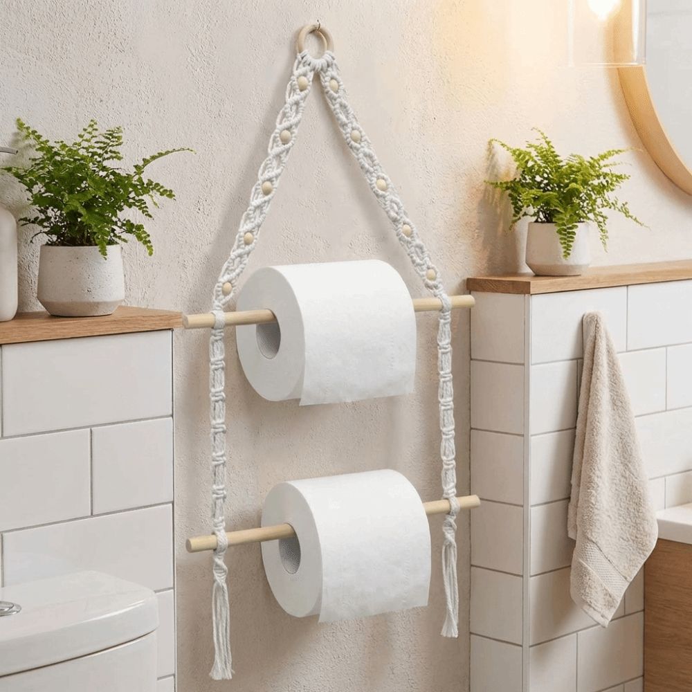 Double-layer Wooden Towel Holder Hand-woven Toilet Paper Holder Tissue Paper Racks  Bathroom