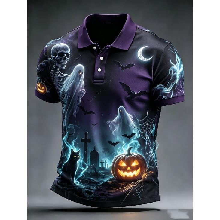 Men's pumpkin Halloween pattern polo shirt, men's polo shirt with a collar