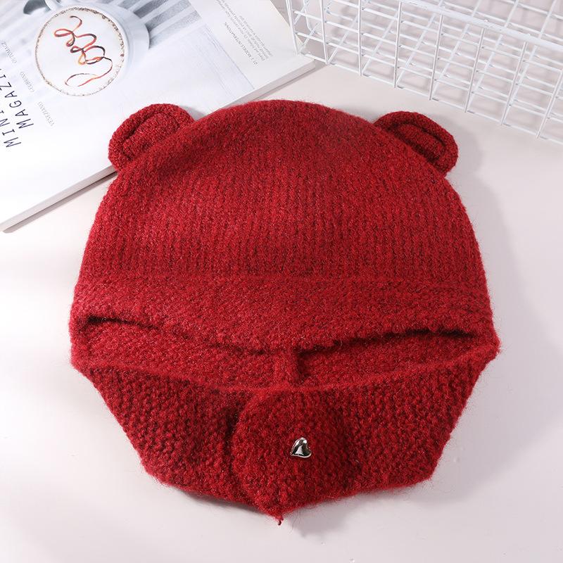 Cappello di Lana Carino con Orecchie d'Orso Giapponese per Donna in Autunno e Inverno Nuovo Caldo Cappello a Maglia che Mostra il Viso Protezione per Collo e Orecchie Cappello