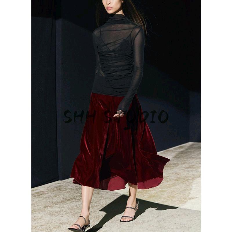 Spring New Women's Clothing Wave Swing Slimming Elegant Velvet High Waist Midi Skirt Skirt 0072158