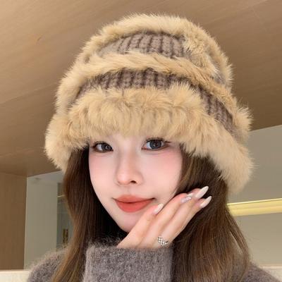 Rabbit Fur Knitted Bucket Hat Women's Winter 2023 New Plush Thickened Thermal Basin Hat Showing Small Face Fur Hat