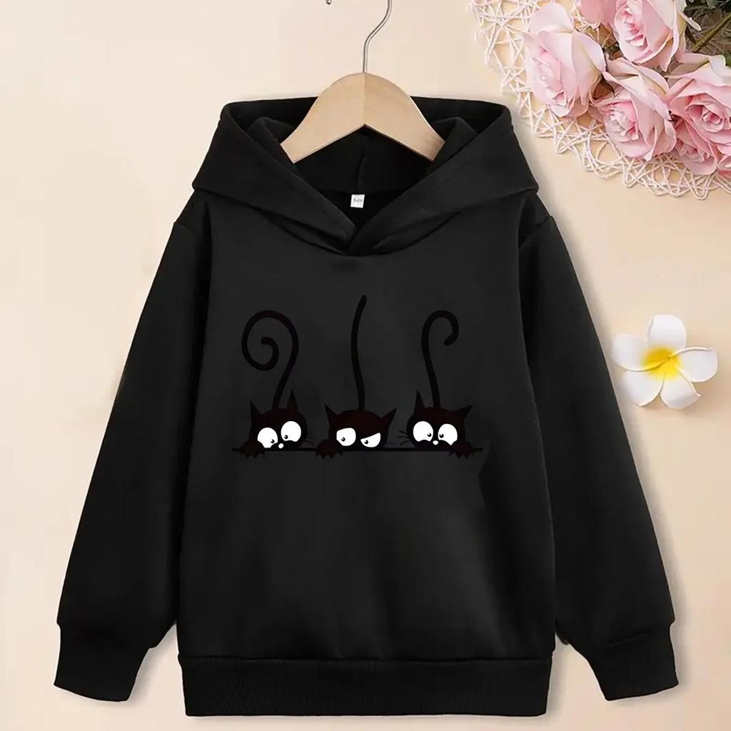 Girls Black Cat Graphic Hoodie Cute Cartoon Animal Print Kids Long Sleeve Pullover Sweatshirt Kawaii Casual Hooded Top Autumn