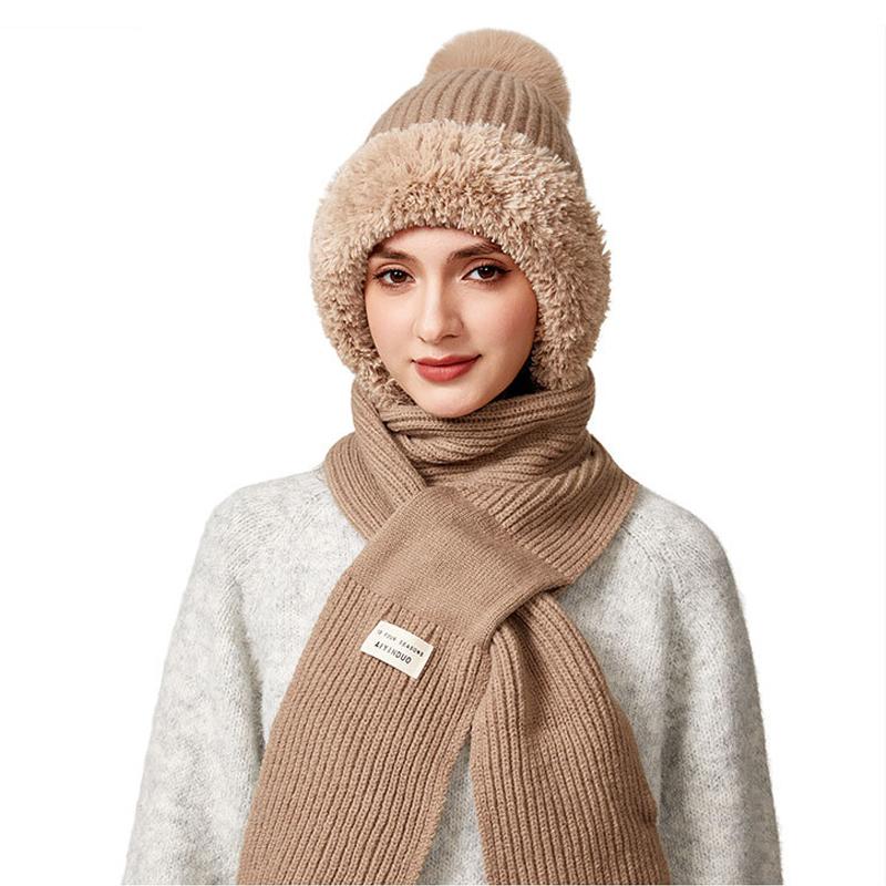Winter Hat Long Scarf Integrated Wool Hat Women's Outdoor Ear and Neck Protection Double-Layer Velvet Warm Knitted Hat