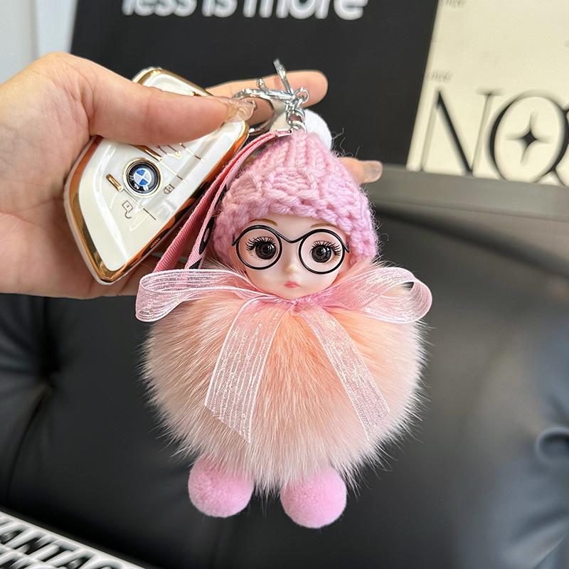 

Plush Fox Fur Doll Keychain: Cute Barbie-Inspired Bag Charm for Couples