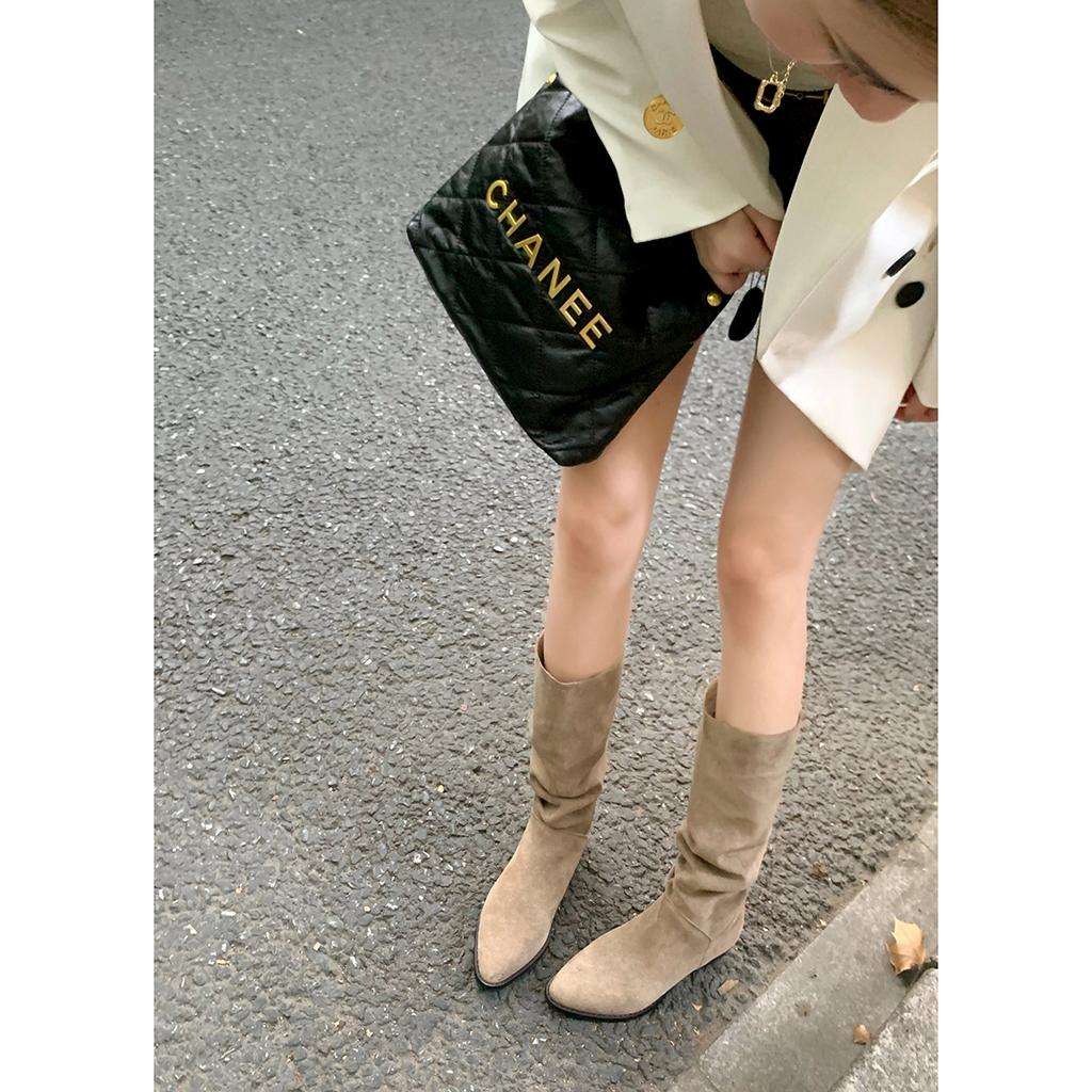 Cowhide Version Grape Mother Same Retro Pointed Head Thick Heel Western Cowboy Boots Medium Tube Thin Pile Boots Women'S Autumn And Winter