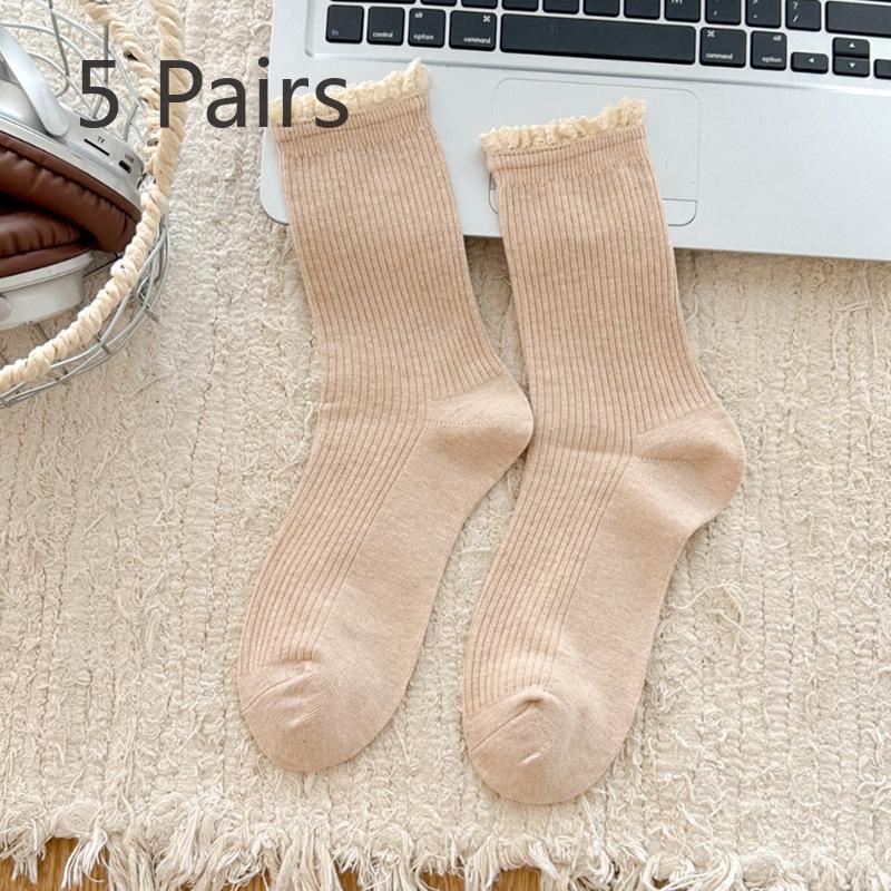 

5 Pairs of Women s Sweet Lace Lace Vintage Solid Color Medium Tube Stack Socks 5 Pairs