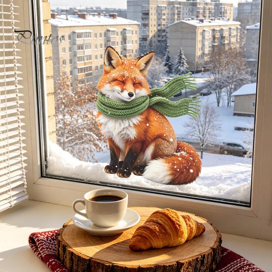 Fox Window Cling Static Cling, Christmas Winter Glass Stickers, PVC Electrostatic Self Adhesive Film Decal for Home Door & Decoration, Removable Wall