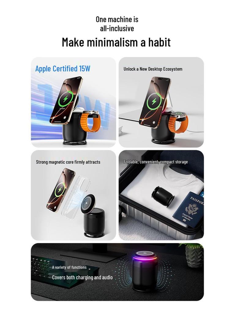 Multifunctional Bluetooth Speaker & Qi2 Certified Foldable 5-in-1 Magnetic Wireless Charger with Phone Charging