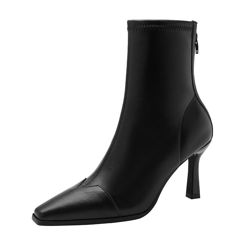 

С юбкой туфли на высоком каблуке короткие ботинки женские новые квадратный носок вставки задняя молния ботильоны тонкий каблук эластичные тонкие ботинки 40