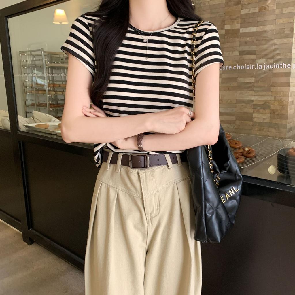 Pink Striped Cotton Front Shoulder Short-sleeved T-shirt for Women In Summer Small T-shirt Short Top