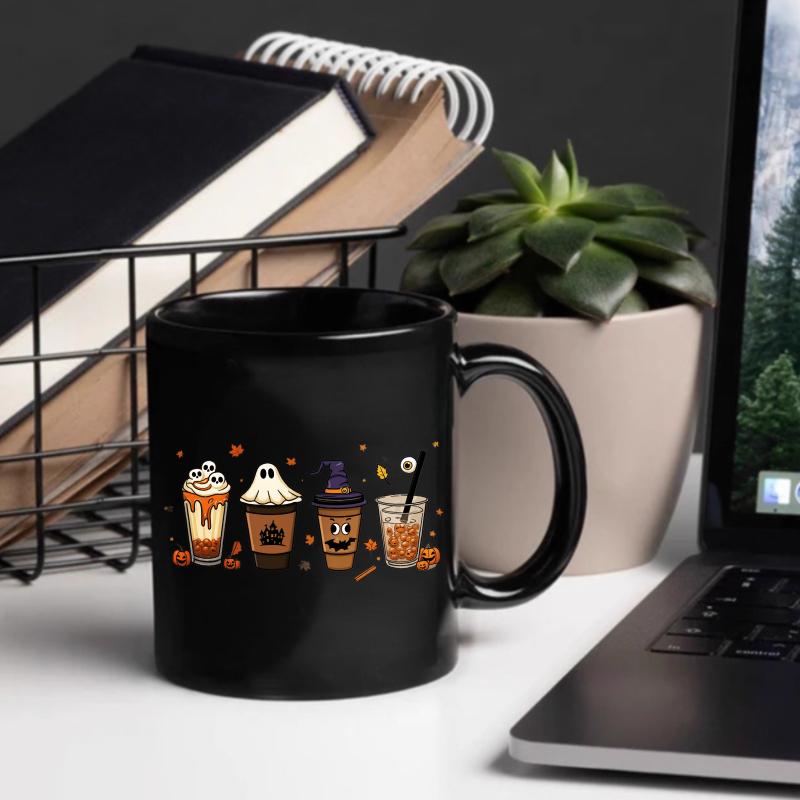 Halloween coffee mugs, black horror drinks and ghost designs, perfect for fall parties and coffee lovers