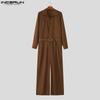 INCERUN Oversized Men Lapel Neck Long Sleeve Belt Waist Casual Loose Long Rompers Jumpsuits