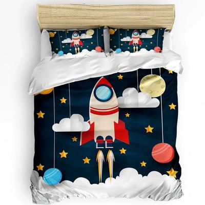 Outer Space Cartoon Cute Spaceship Rocket Duvet Cover with Pillow Case 3pcs Bedding Set Quilt Cover Double Bed Home Textile