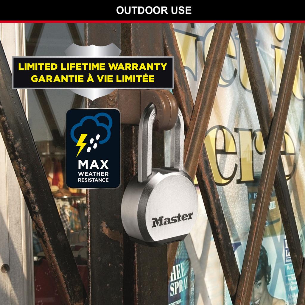 Master Lock Heavy Duty Stainless Steel Padlcok, Long Shackle, Key