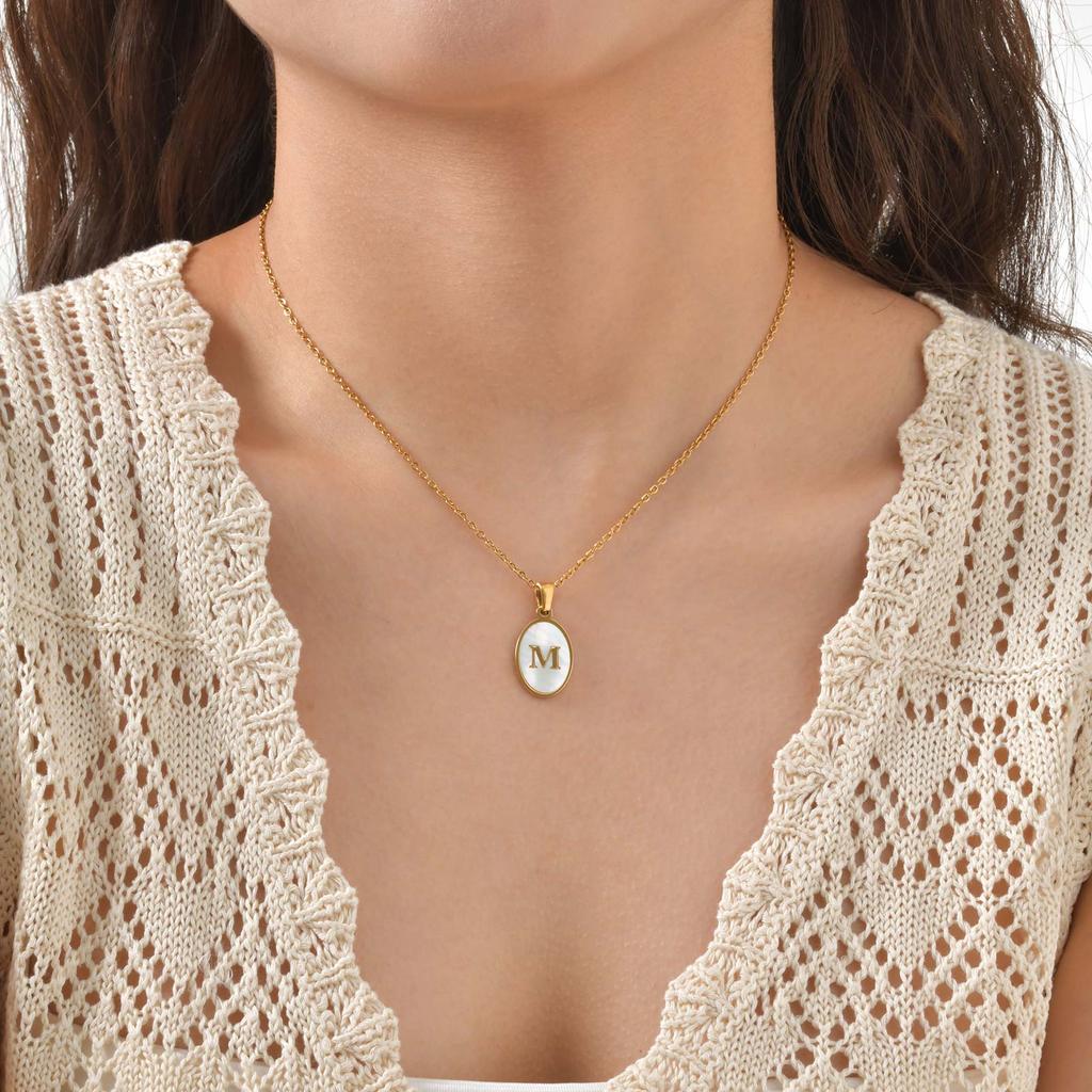 Stainless Steel Oval White Shell Letter A-Z Initial Pendant for Women,Gold Plated 26 Letters Necklaces,Trendy Jewelry Gift