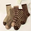 5 Pairs Women's Japanese Retro Checkered & Floral Print Mid-Calf Socks - Assorted Patterns, Soft Breathable FabricCute Socks, Comfortable Wear