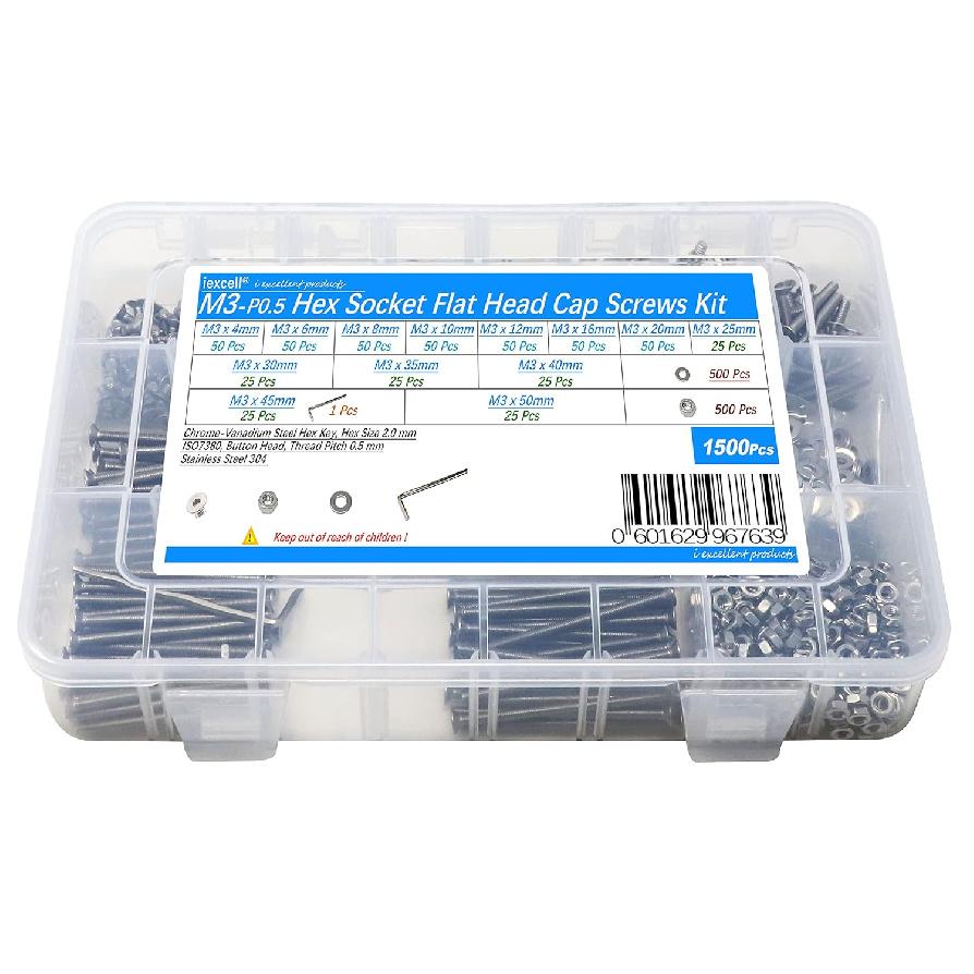 iExcell 1500 Pcs M3 x 4/6/8/10/12/16/20/25/30/35/40/45/50 Stainless Steel 304 Hex Socket Flat Head Cap Screws Blots Nuts Washers Assortment Kit