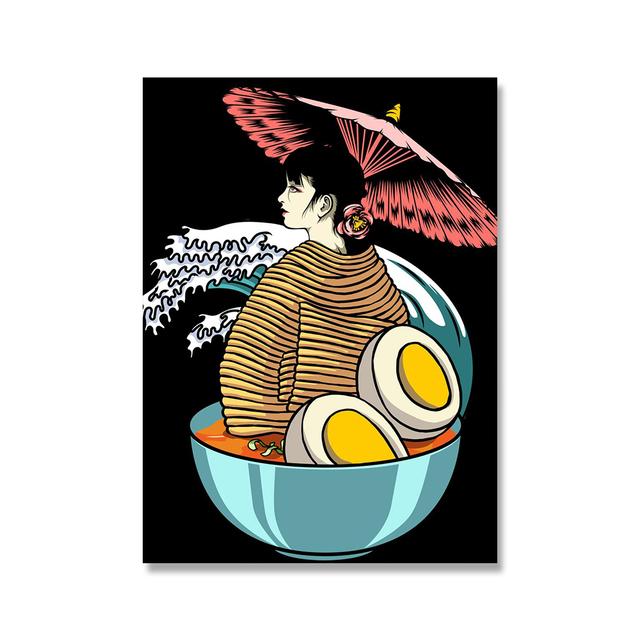 Cadru din lemn masiv Dj japonez Geisha Ramen Postere Abstracte Frumusețe Pânză Pictură Artă Perete Poze Mâncare Restaurant Bucătărie Decor Home