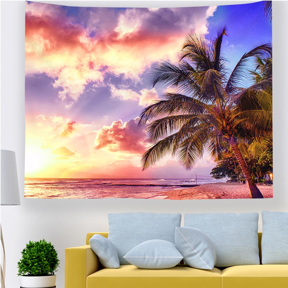 Tapeçaria de parede Coconut Grove Decoração para casa Tapeçaria de praia do pôr do sol Tapeçaria à beira-mar Palmeira Seascape Arte de parede tapiz