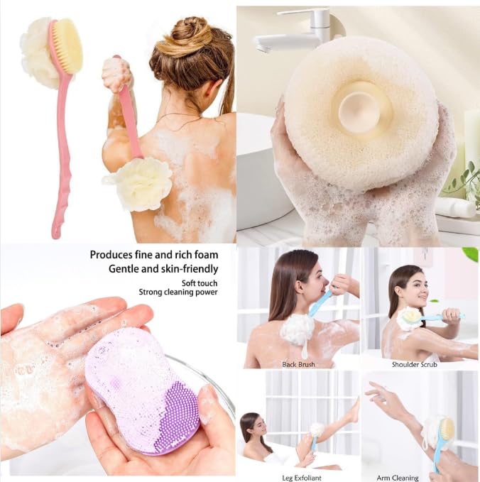 2-in-1 Loofah & Bristle Bath Brush - Curved Back Scrubber with Long Handle for Body Cleaning, Dry Brushing & Shower Use