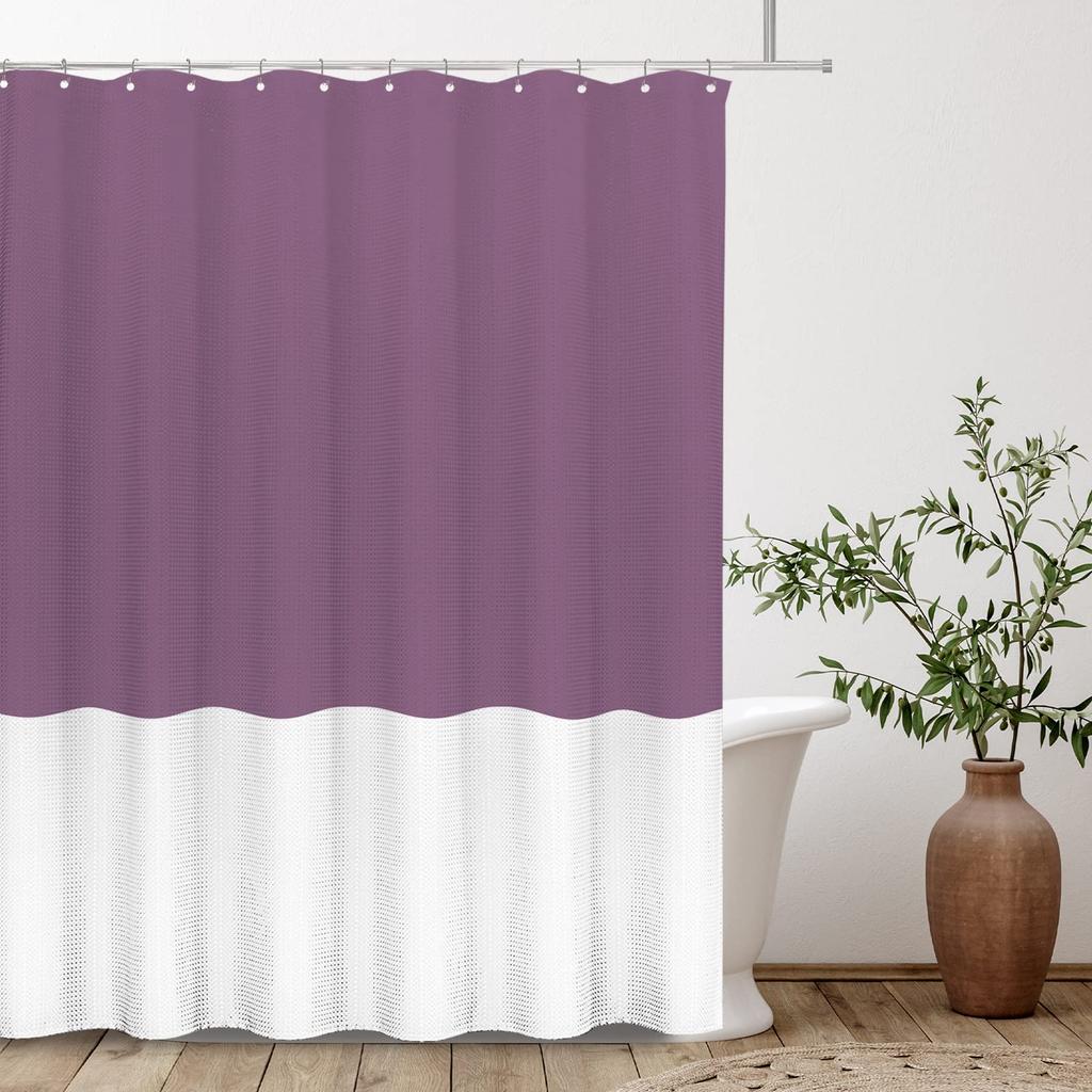White Sage Green 2 Color Splicing Shower Curtain, Texture Fabric Bathroom Decor Waterproof Fabric Shower Curtian Sets With Hooks