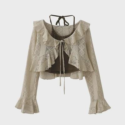 Autumn Retro Lace Ruffle Jacket with Trumpet Sleeves and Sling