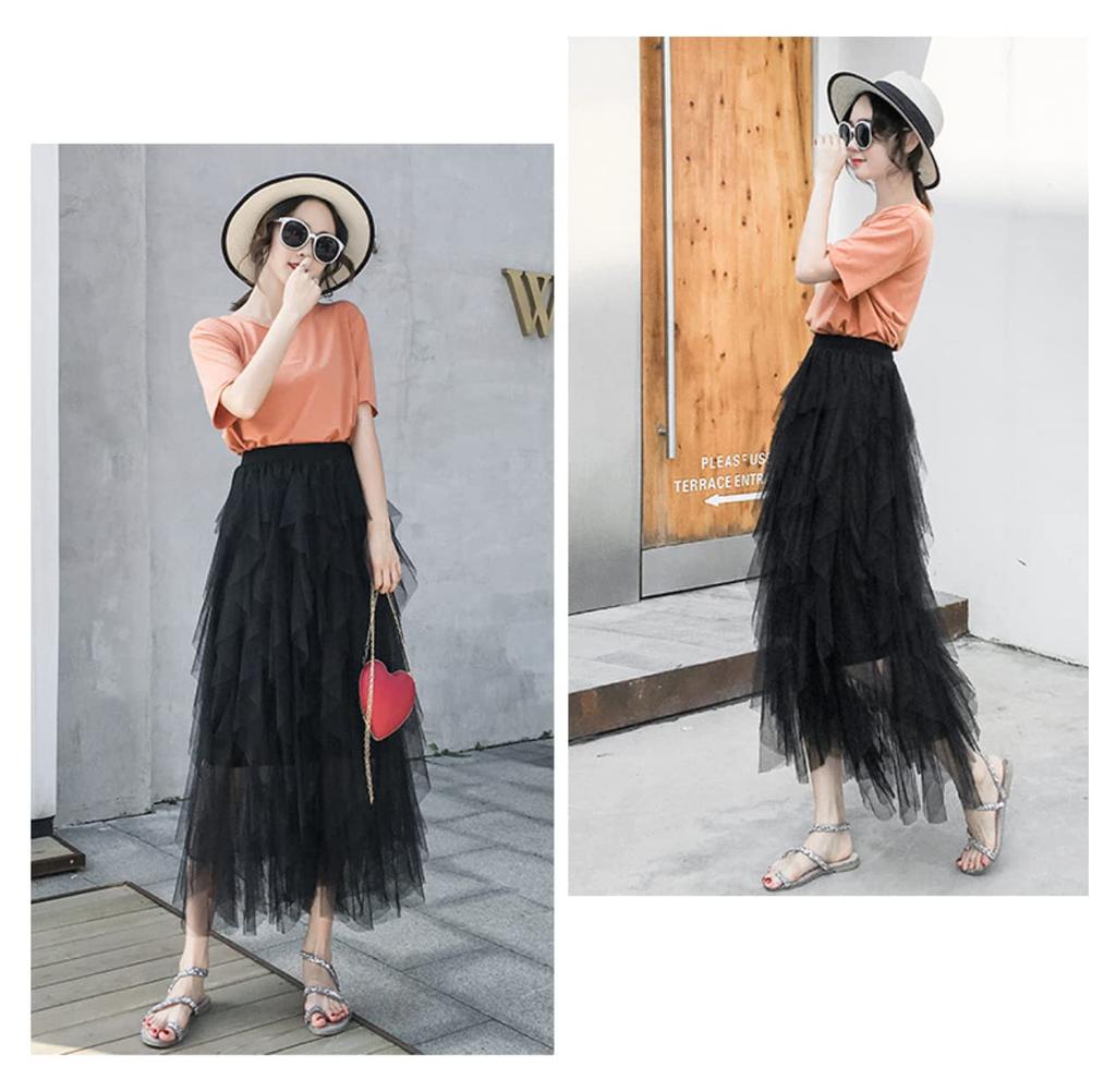 LIANFOR Unregelmäßiger Uni Langer Tüllrock mit Hoher Taille und Elastisch Stilvoll für Jeden Tag und Herbst Kostenlos Damen Rüschen, Taille, Tragen, Frühling, Sommer,