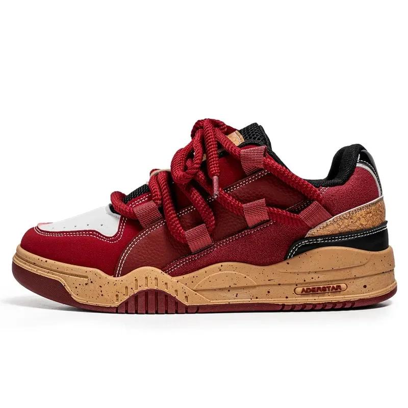 Men Shoes Spring New Design Wine Red Skateboard Shoes Fashion Trendy Casual Sneakers Lace Up Platform Vulcanized Shoes 2025