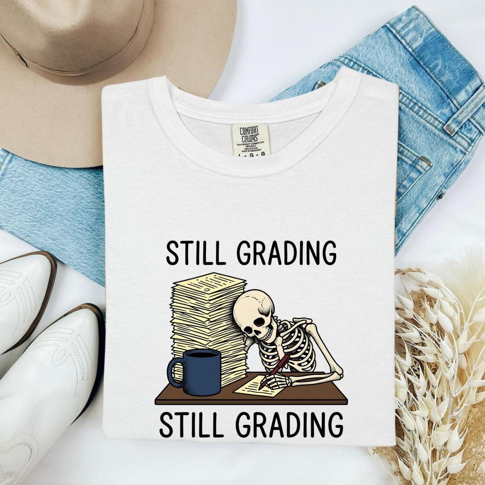 Skull Grading Tests Shirt Teacher Jokes Gift Women Comic Tee Exam Grading T-Shirt Educator Enthusiast Cartoon Tshirt Humor Graphic Vintage S
