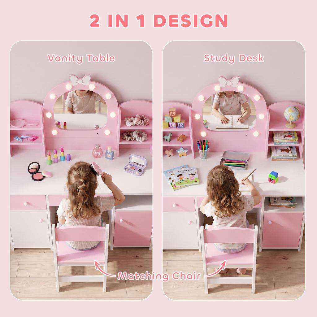 Kids Dressing Table, Kids Vanity Set with Stool, Pink