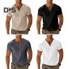 Męski T-shirt z kołnierzykiem henley z krótkim rękawem w jednolitym kolorze, letni, bawełniana mieszanka, casualowy top do noszenia na co dzień, na plażę, w podróży