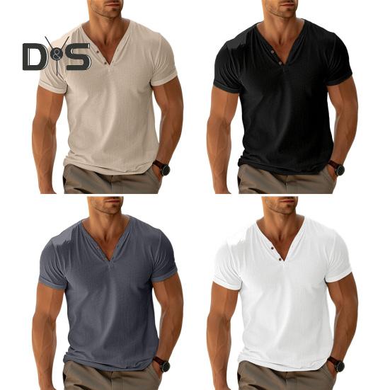 Męski T-shirt z kołnierzykiem henley z krótkim rękawem w jednolitym kolorze, letni, bawełniana mieszanka, casualowy top do noszenia na co dzień, na plażę, w podróży