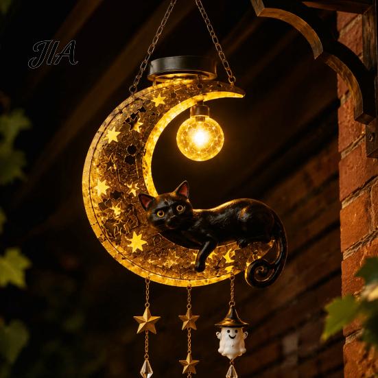 Whimsical Cat Sculpture for Garden Solar Halloween Hanging Moon Lamp with Ghost Star Charm, Black On Crescent Illuminated Outdoor Decor Home
