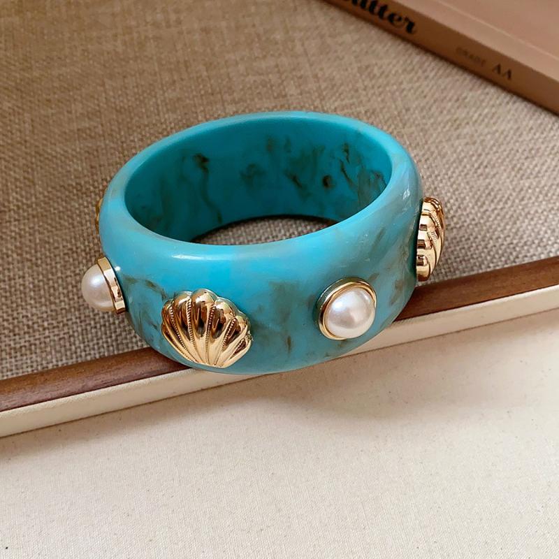 Pearl & Seashell Embedded Cuff Bangles - Ocean Theme Boho Resin Bracelet Trendy Stackable Bracelets for Women