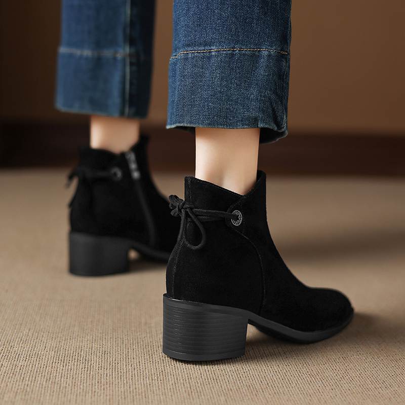 Krazing Pot Cow Suede Nubuck Round Toe Thick Heels Chelsea Boots Size 42 Slip on Women Butterfly-knot Ankle Boots
