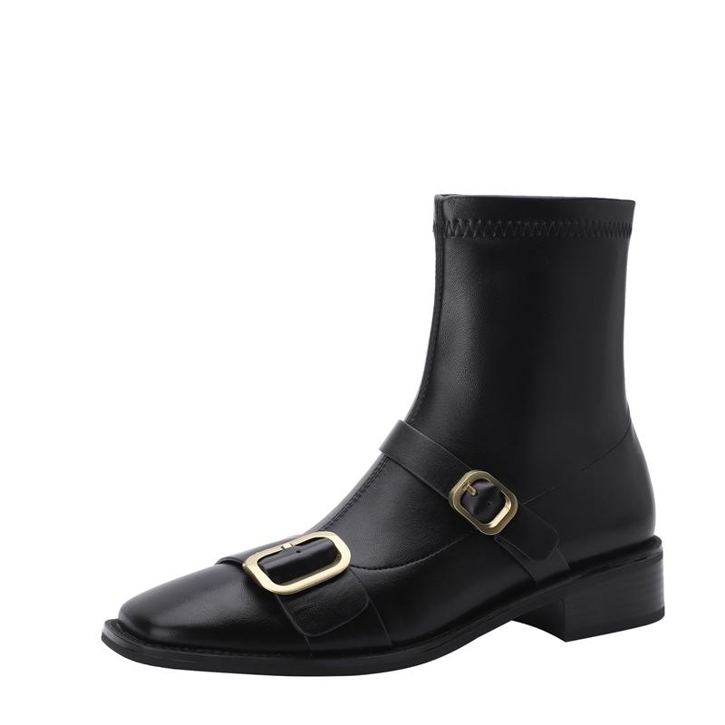 

Модные женские короткие ботинки Kaky с квадратным носком из натуральной коровьей кожи, с металлической пряжкой на ремне, на среднем каблуке, эластичные ботинки 265 чёрный