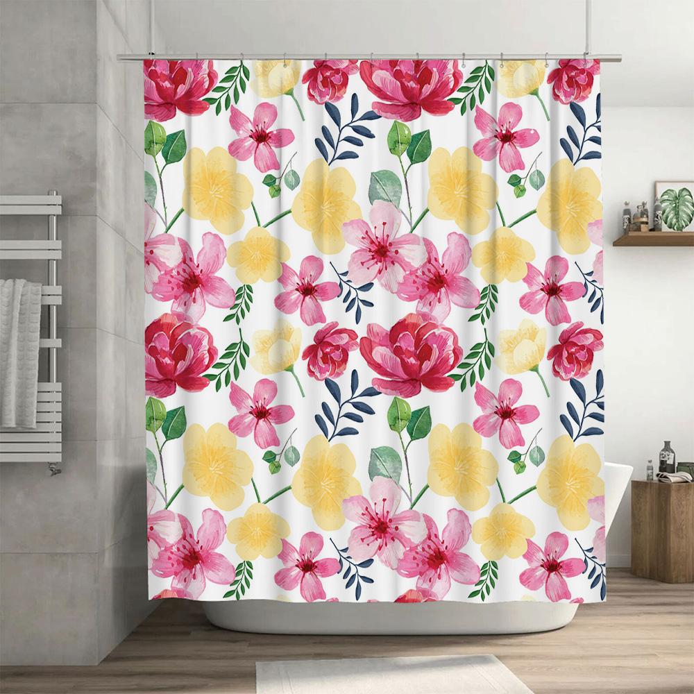 Bath Shower Curtain Fabric Decorative Waterproof 180x180cm Printed Flower Red Pink Yellow Bathroom Liner White Color Home Decora