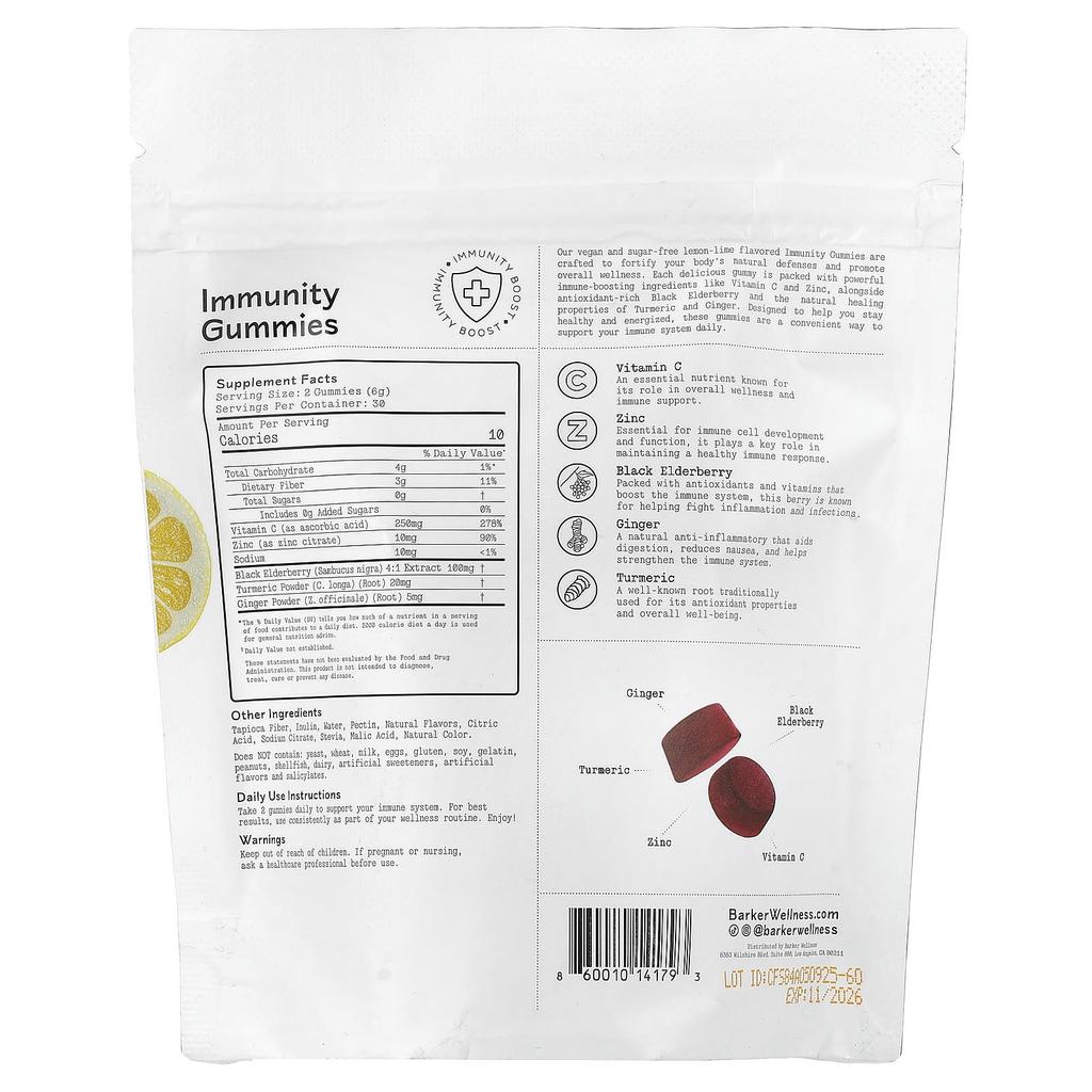 Barker Wellness Co., Immunity Gummies, Lemon Lime, 60 Gummies