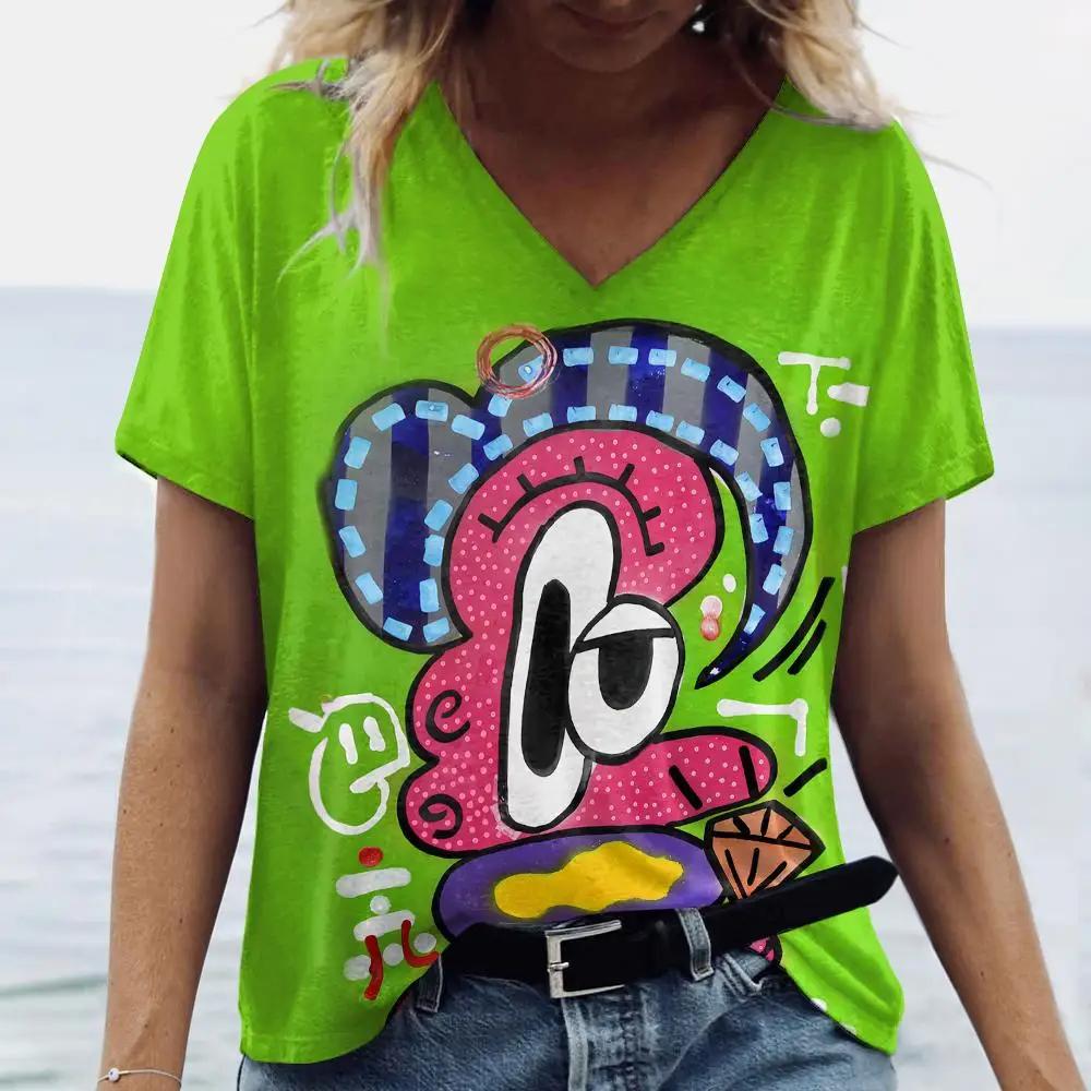 Letní dámské módní tričko Exagerovaný umělecký potisk Topy Trička Dámské Vintage Krátký rukáv Oblečení Dámské Denní Ležérní Streetwear