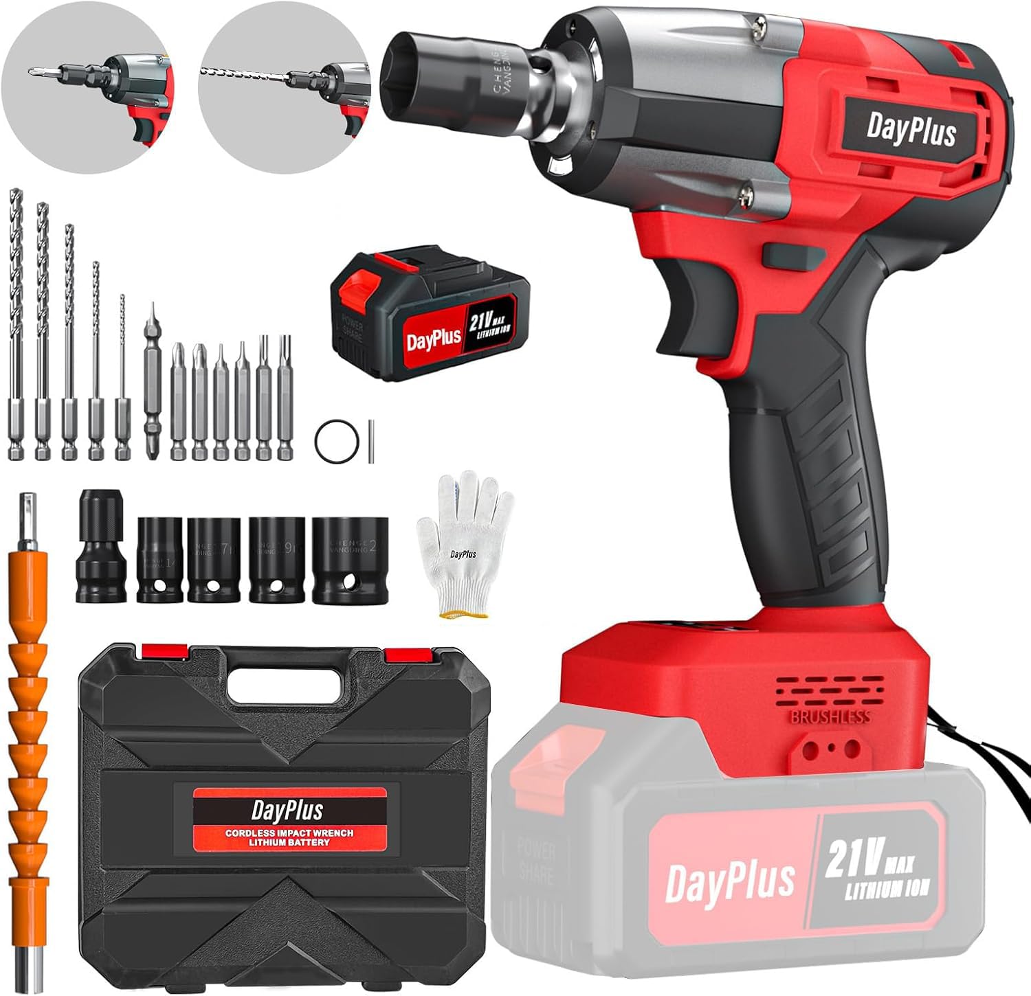 

DAY PLUS 21V Cordless Impact Unbrushed Makita with LED Automotive Maintenance Red Wrench, 550N.m, Motor, Compatible, 1500mAh, 2-Speed, Light, Tool,