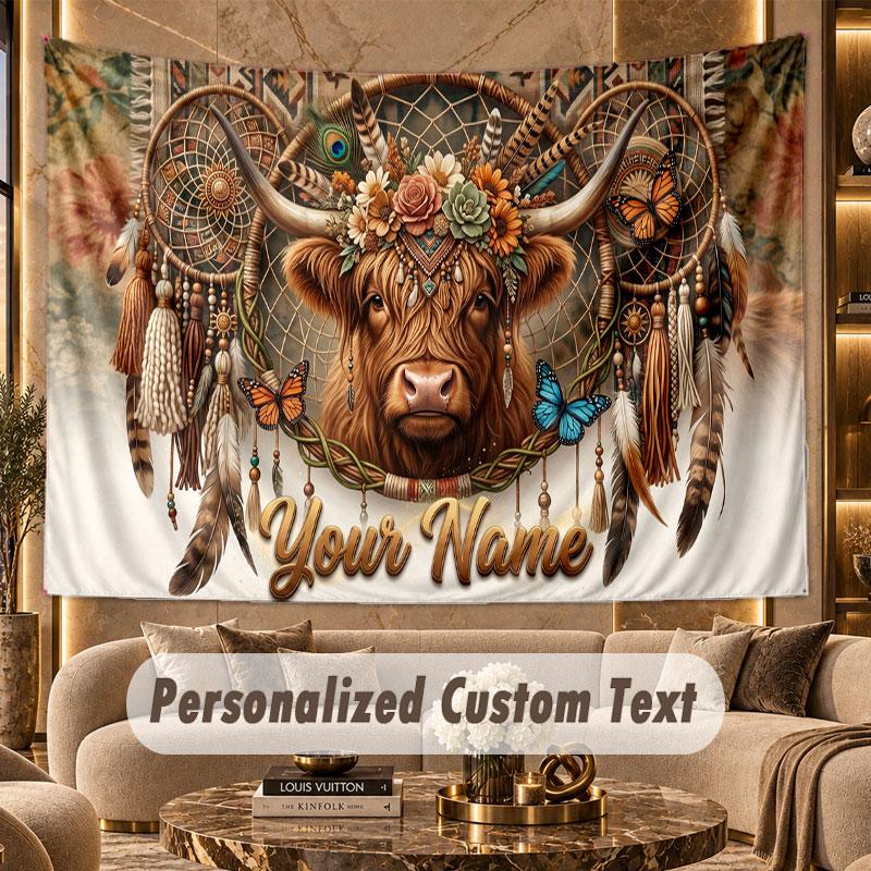 Highland Cow (68) Theme Personalized Tapestry Custom Name Text Wall Hanging Tapestry Home Background Decoration