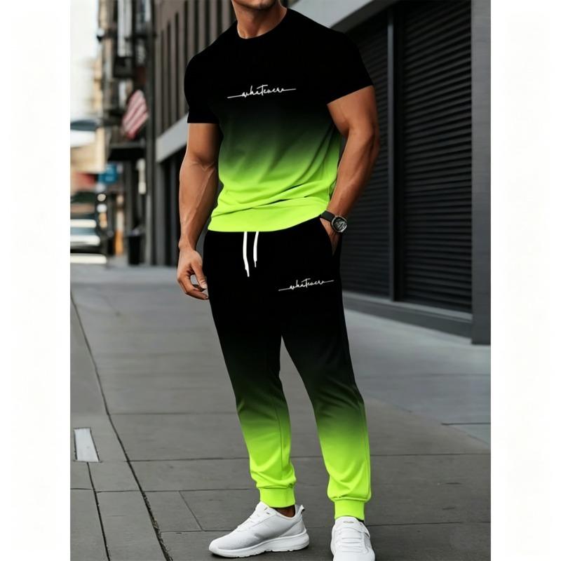 Men's summer short-sleeved and long pants casual two-piece set, sporty loose with pockets