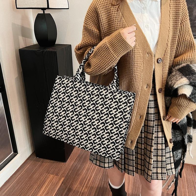 Large-capacity Bag, High-end Winter Canvas Jacquard Handbag, Office Worker Commuter Shopping Bag, Shoulder Tote Bag.