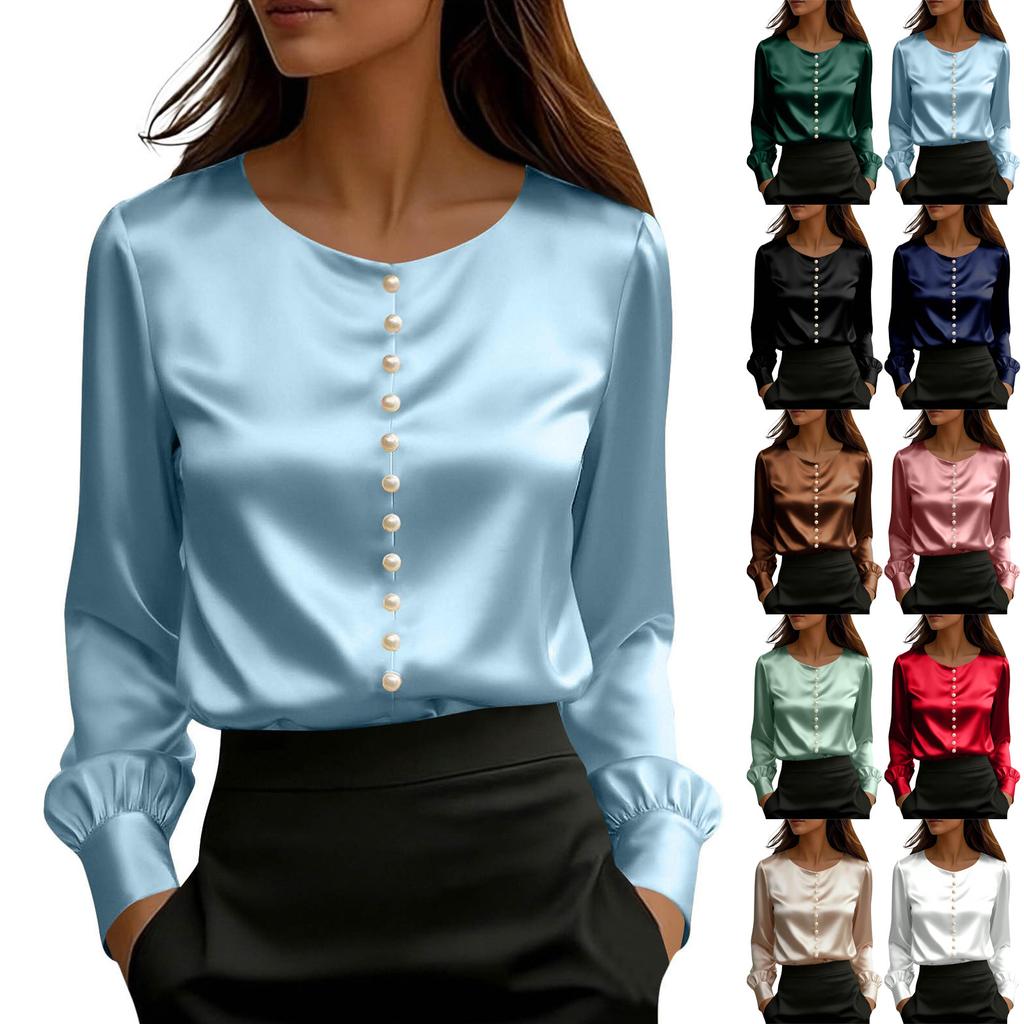 Women's Long-sleeved Satin Color Shirt. Pearl Button Collar. Round Neck Silky Smooth Business Casual Top