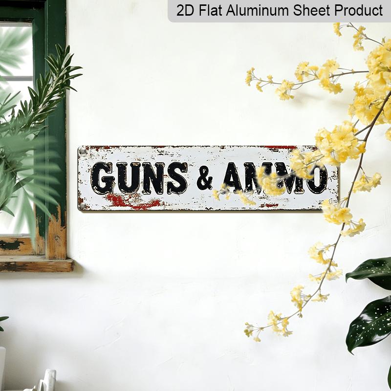 2D Flat, 1pc Vintage Gun & Ammo Aluminum Decorative Sign - Rustic Metal Wall Decor with "Guns & Ammo" Text, 15.7×3.94inch - Farmhouse, Porch