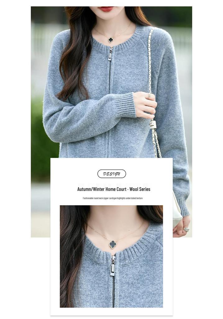 Women's Pure Wool Zipper Cardigan - Thick, Round Neck, Casual, Loose Fit Sweater for Autumn & Winter